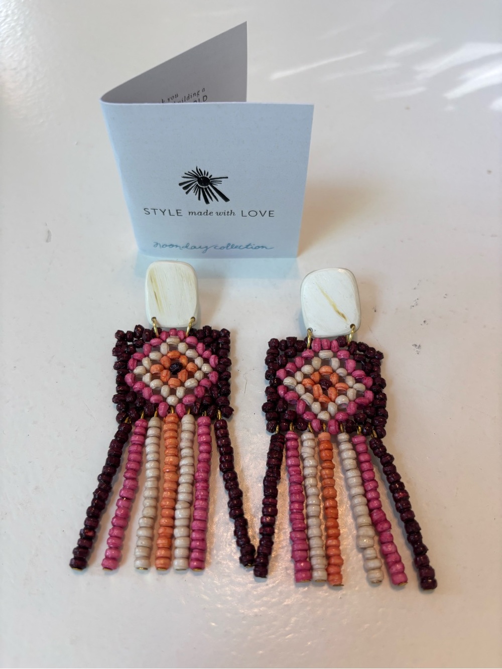 Noonday Collection Pink, Burgundy and Cream Beaded Fringe Earrings